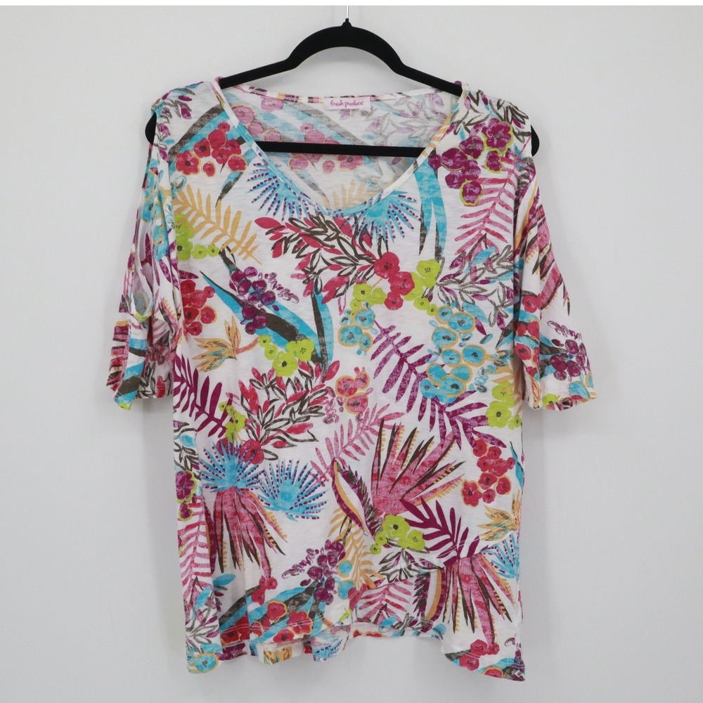 Fresh Produce Palm Print Top Women L White Resort Boho Vacation Coastal Tropical